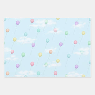 Balloons Flying in Blue Sky With Clouds Wrapping Paper Sheet