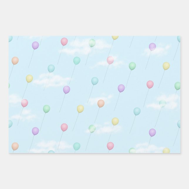 Balloons Flying in Blue Sky With Clouds Wrapping Paper Sheet (Front)