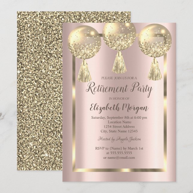  Balloons,Frame,Rose Gold,Gold Glitter Retirement  Invitation (Front/Back)