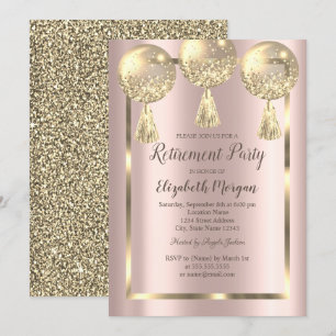  Balloons,Frame,Rose Gold,Gold Glitter Retirement  Invitation