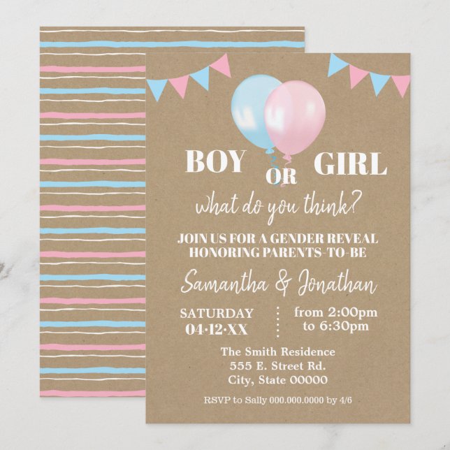Balloons gender reveal boy or girl baby reveal invitation (Front/Back)