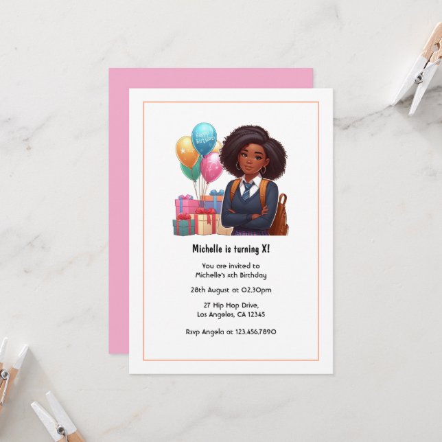 Balloons & Gifts Modern Girl Birthday Invitation (Front/Back In Situ)