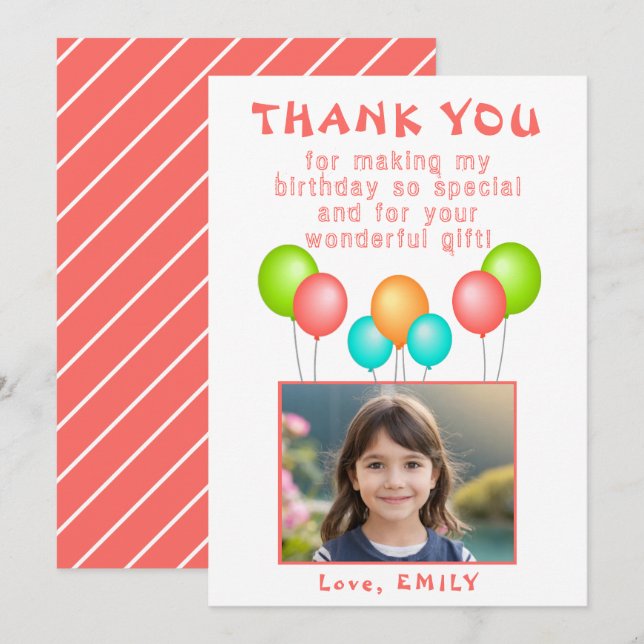 Balloons Girl Birthday Photo  Thank You Card (Front/Back)