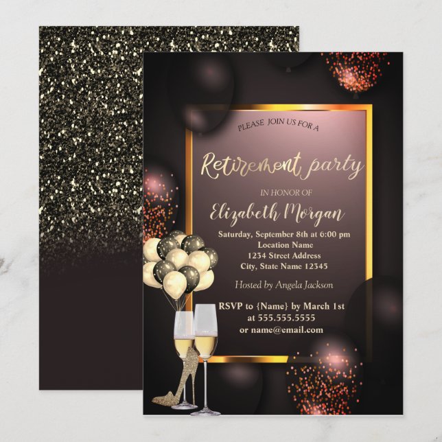 Balloons, Glas,High Heels Burgundy Retirement    Invitation (Front/Back)
