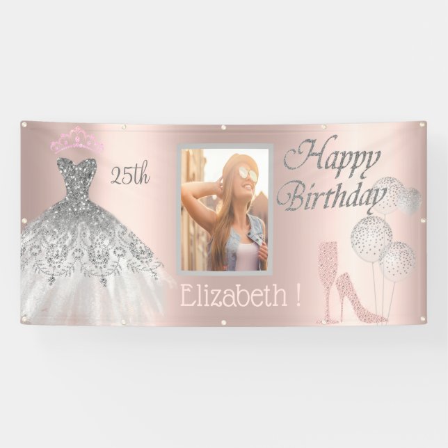 Balloons, Glass,Heells, Dress Photo 25th Birthday Banner (Horizontal)