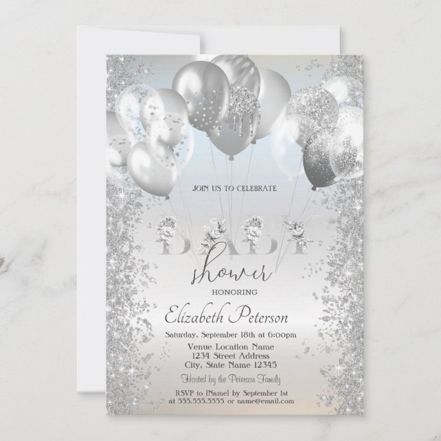 Balloons Glitter Confetti Silver Baby Shower Invitation (Front)