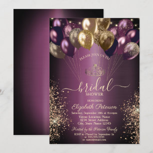 Balloons Glitter Dark Purple Bridal Shower Invitation