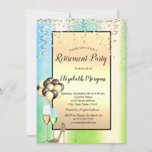 Balloons,Gold Confetti Green Retirement  Invitation