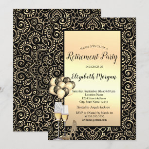 Balloons,Gold Mandala Black Retirement  Invitation