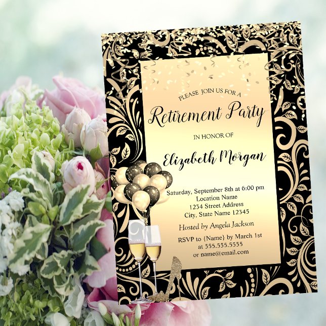 Balloons,Gold Swirls Black Retirement Invitation (Creator Uploaded)