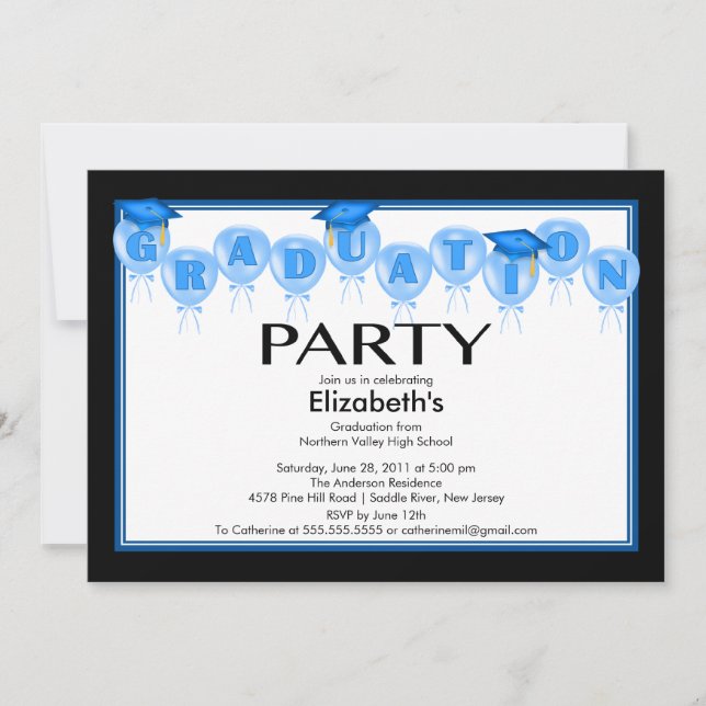 Balloons Graduation Party Invitation Blue Cap (Front)