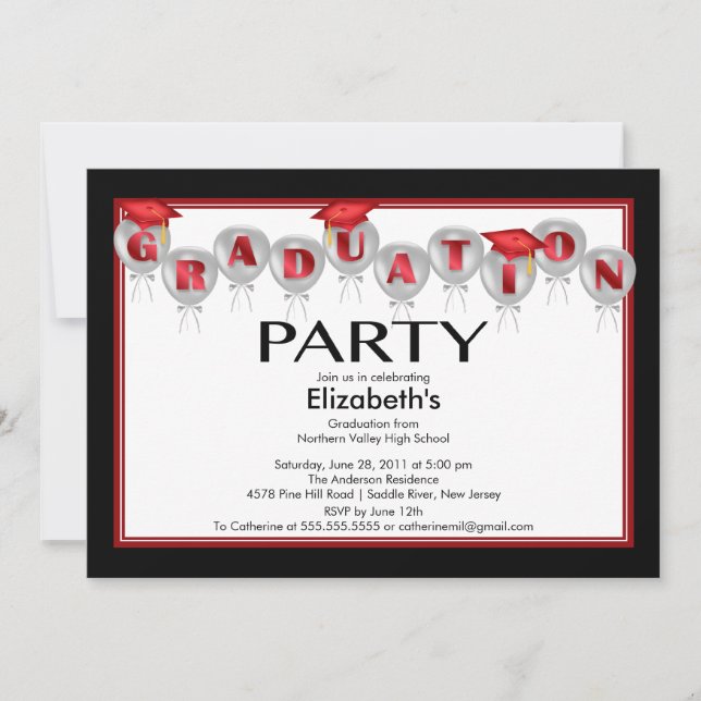 Balloons Graduation Party Invitation Red Cap (Front)