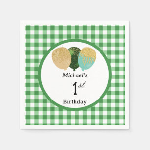 Balloons & Green Gingham 1st Birthday Napkin
