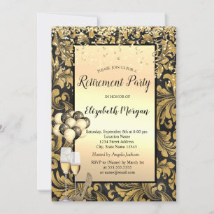 Balloons,Old Gold Swirls Black Retirement Invitation