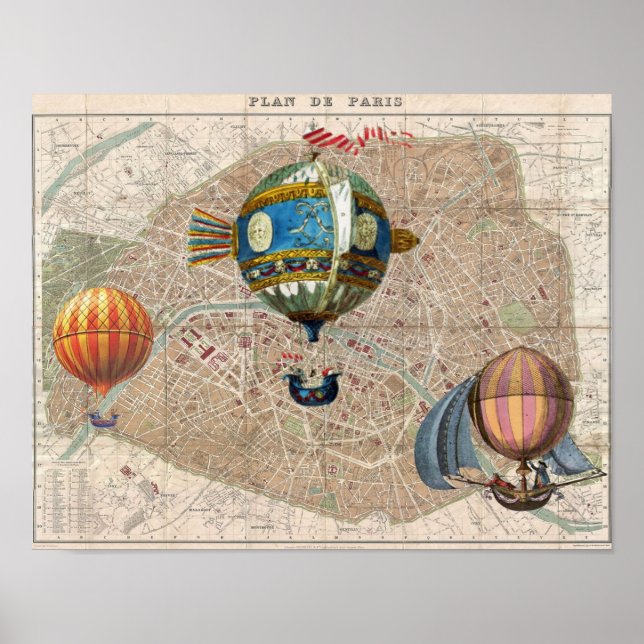 Balloons Over Paris Vintage France Map Poster (Front)