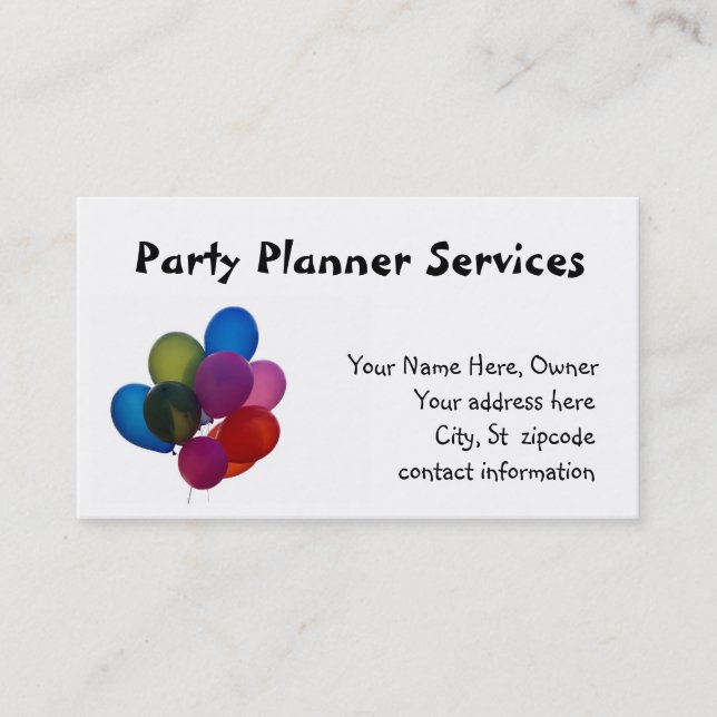 balloons, Party Planner Services, Business Card (Front)