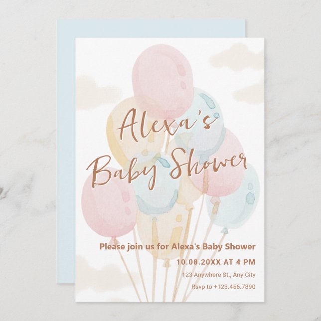 Balloons pastel watercolor baby shower invitation (Front/Back)
