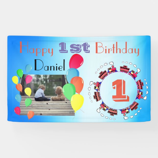 Balloons Personalised Baby Boy Happy 1st Birthday Banner (Horizontal)