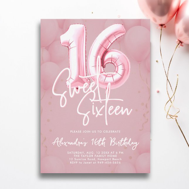 Balloons Pink Blush Modern Calligraphy Sweet 16 Invitation (sweet sixteen invitation 16th birthday party pink blush balloons calligraphy milestone glam feminine)