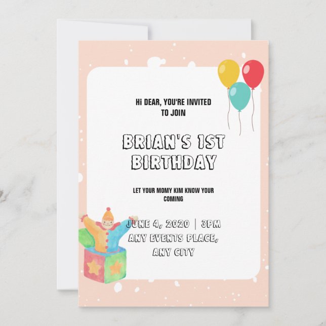 Balloons Pink Borders Baby Girl Toy 1st Birthday Invitation (Front)