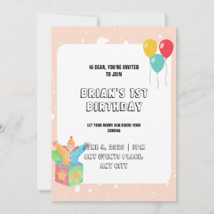 Balloons Pink Borders Baby Girl Toy 1st Birthday Invitation