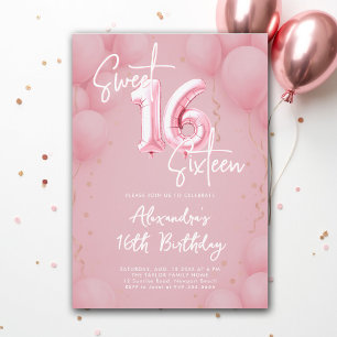 Balloons Pink Elegant Calligraphy Modern Sweet 16 Invitation