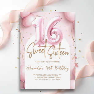Balloons Pink Gold Arch Calligraphy Sweet 16 Invitation