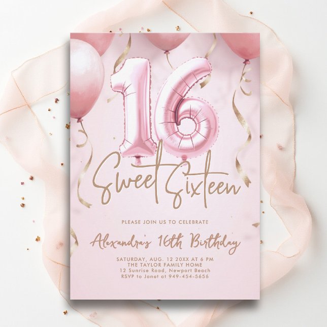 Balloons Pink Gold Modern Calligraphy Sweet 16 Invitation (sweet sixteen invitation 16th birthday party pink gold balloons calligraphy milestone glam feminine)