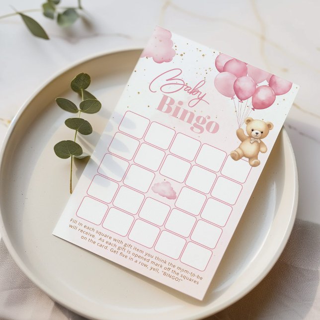 Balloons pink teddy bear baby shower bingo game (Creator Uploaded)