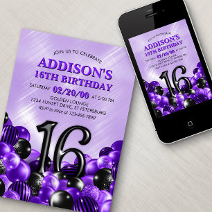 Balloons Purple 16th Birthday Invitation