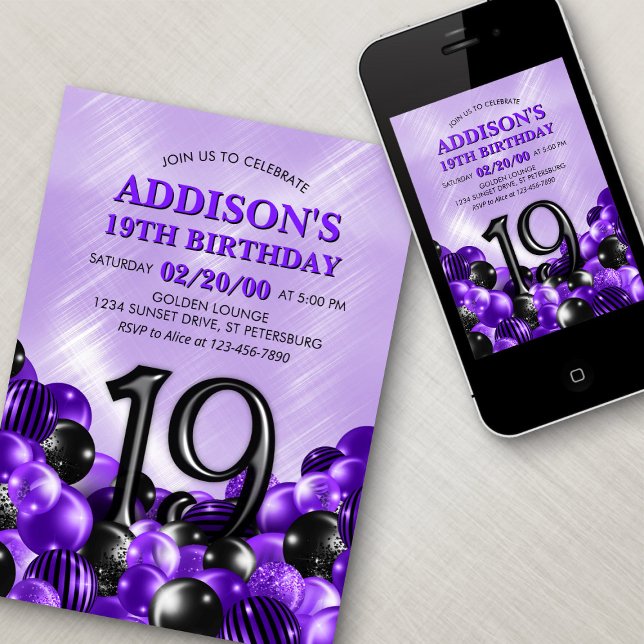 Balloons Purple 19th Birthday Invitation (Creator Uploaded)