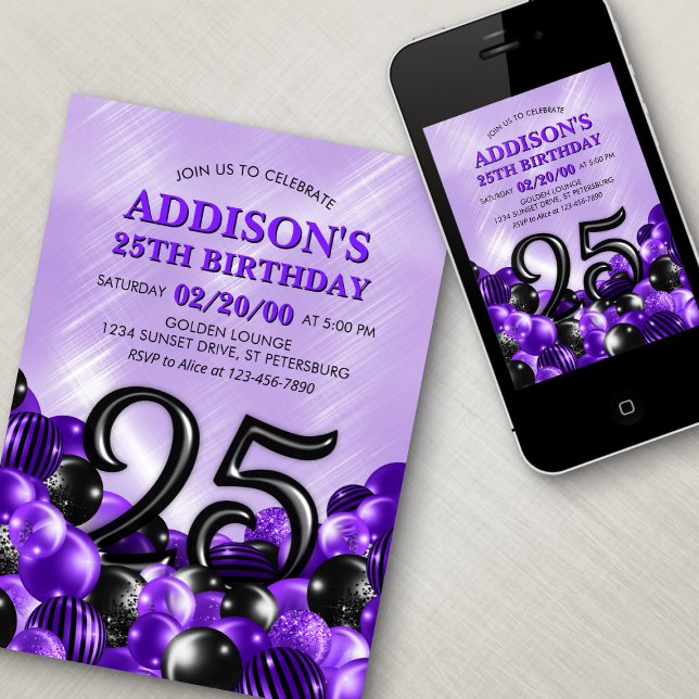 Balloons Purple 25th Birthday Invitation (Creator Uploaded)