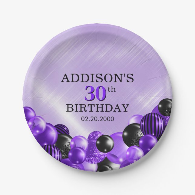 Balloons Purple Birthday Paper Plate (Front)
