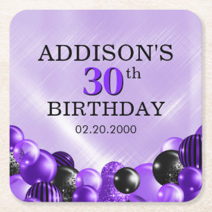 Balloons Purple Birthday Square Paper Coaster