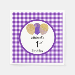 Balloons & Purple Gingham 1st Birthday Napkin