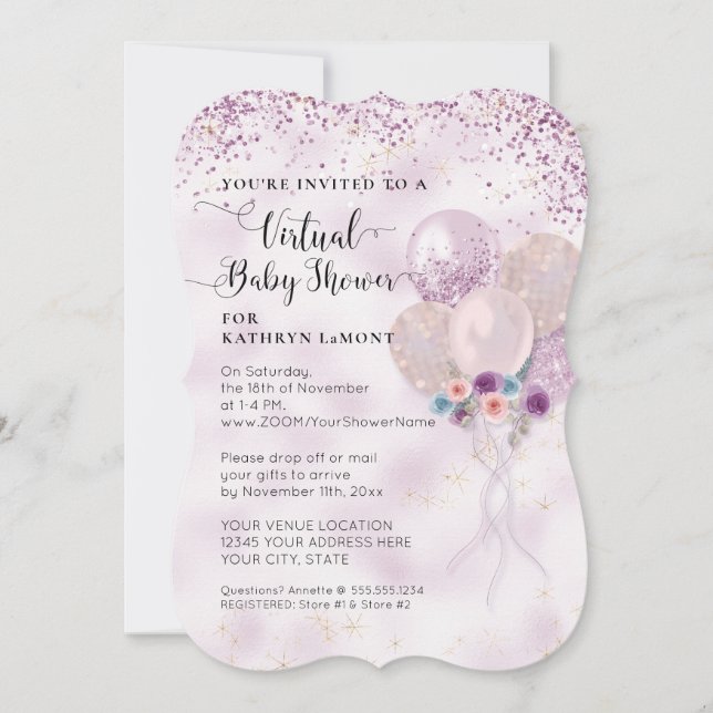 Balloons Purple Glitter Floral Virtual Baby Shower Invitation (Front)