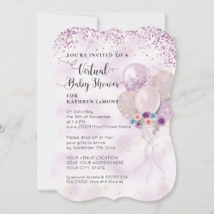 Balloons Purple Glitter Floral Virtual Baby Shower Invitation