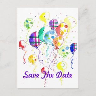 Balloons Rainbow Party Celebrate Confetti Announcement Postcard