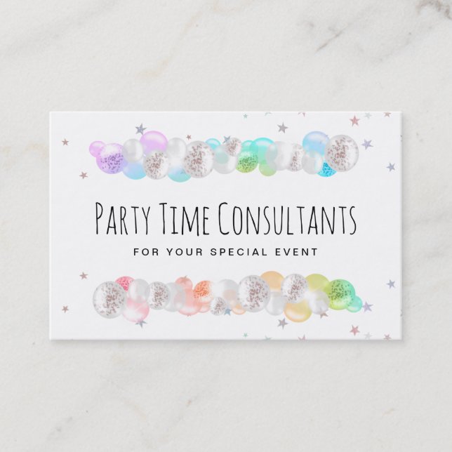 *~* Balloons Rainbow Party Event Planner Festive B Business Card (Front)