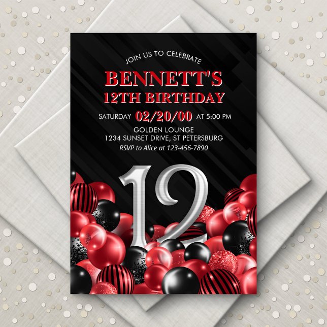 Balloons Red 12th Birthday Invitation (Creator Uploaded)
