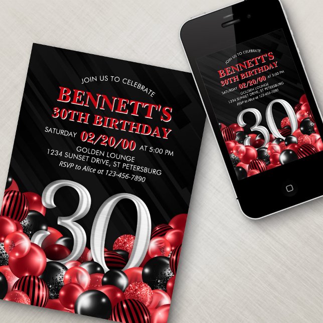 Balloons Red 30th Birthday Invitation (Creator Uploaded)