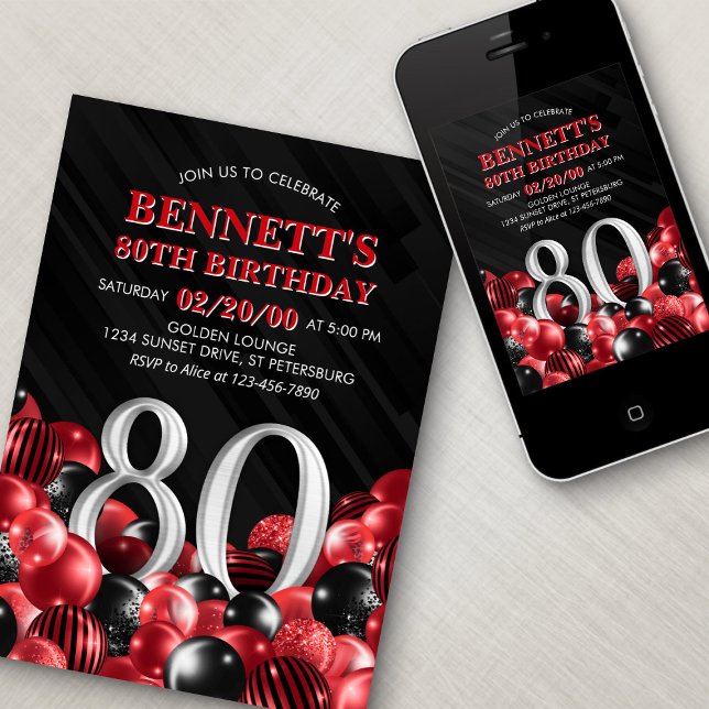 Balloons Red 80th Birthday Invitation (Creator Uploaded)