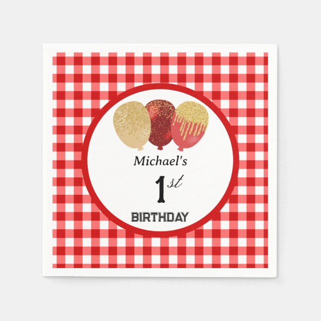 Balloons & Red Gingham 1st Birthday Napkin (Front)