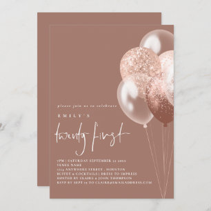 Balloons Script Rose Gold Twenty First Birthday  Invitation