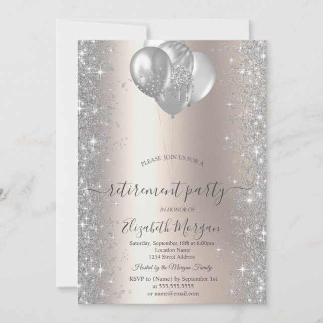 Balloons Silver Sparkle Diamonds Ivory Retirement  Invitation (Front)