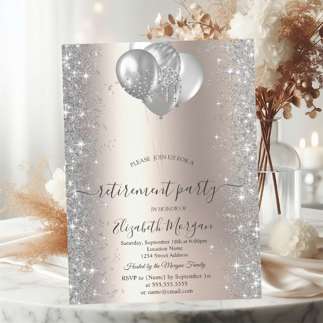 Balloons Silver Sparkle Diamonds Ivory Retirement  Invitation (Creator Uploaded)