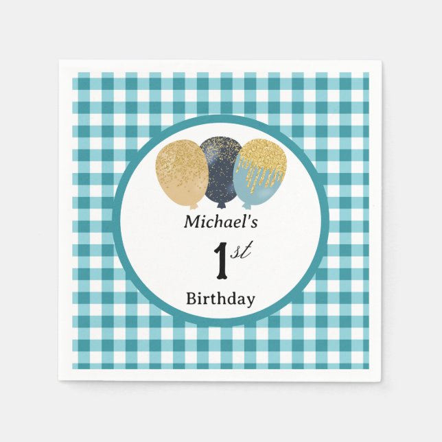 Balloons & Teal Blue Gingham 1st Birthday Napkin (Front)