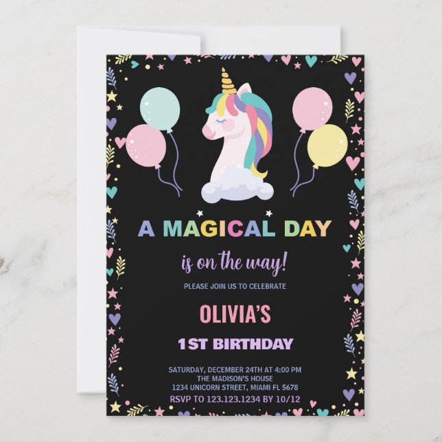 Balloons Unicorn Birthday Invitations (Front)