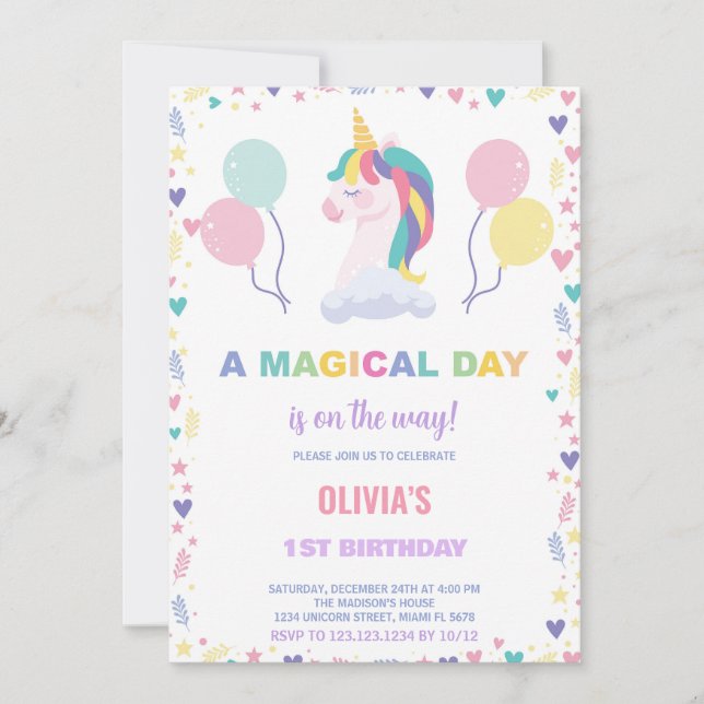 Balloons Unicorn Birthday Invitations (Front)