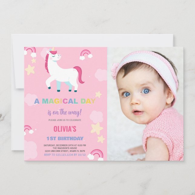 Balloons Unicorn Birthday Invitations with photo (Front)